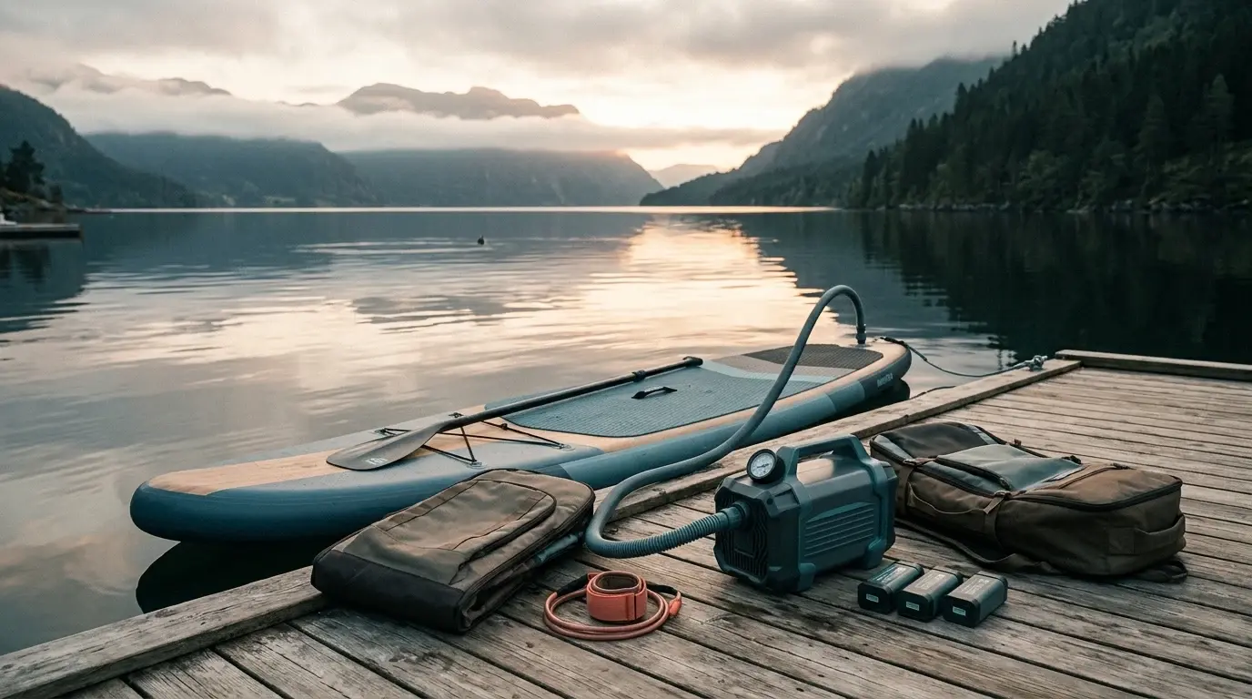 Sup pumpe guide 2026 - elektrisk pumpe, leash og bæresekk til SUP | SUP-brett.com